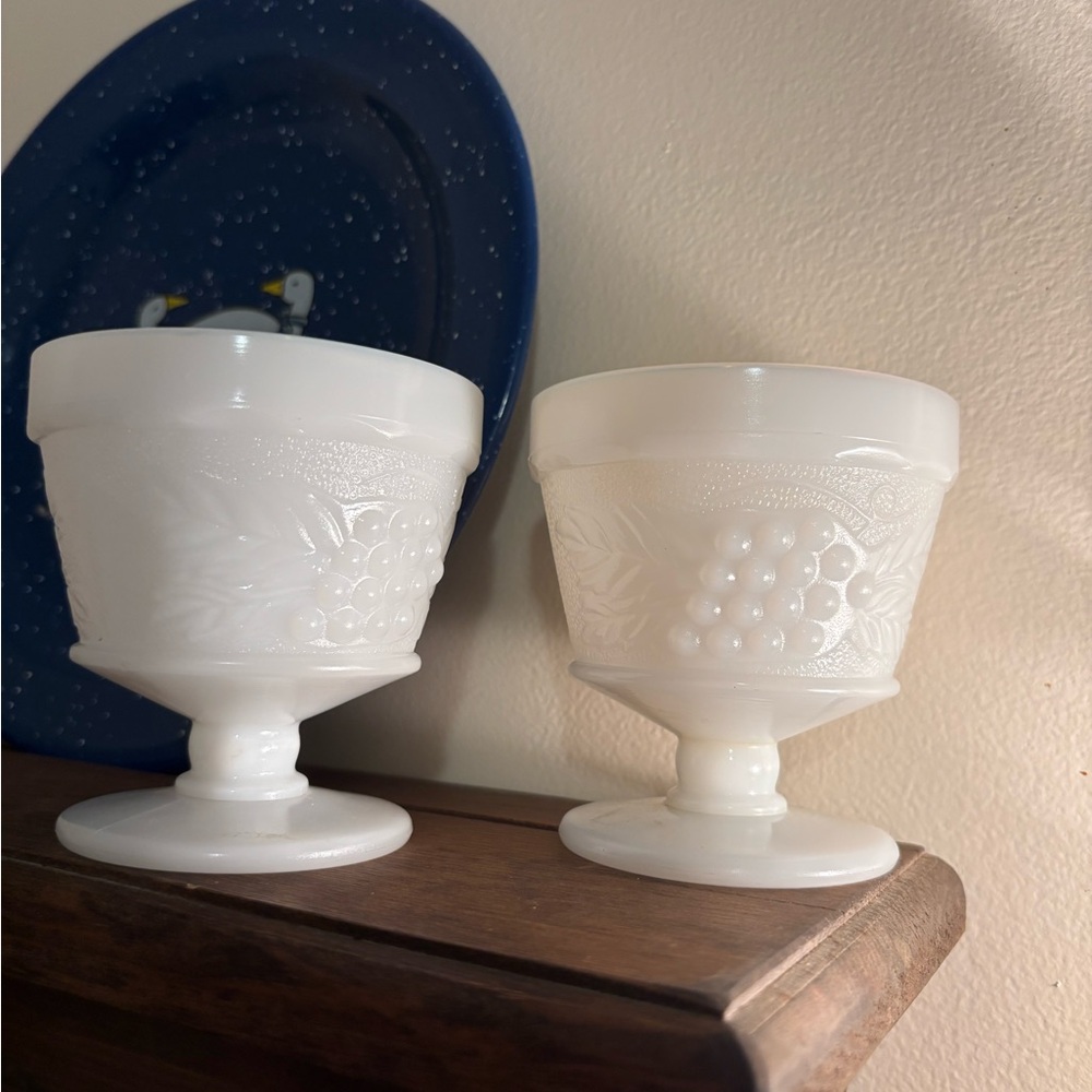 Pair Vintage Indiana Glass Milk Glass “Harvest Grape” Pedestal Goblet Compote